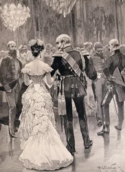 Der König von Preußen auf einem Hofball 1862, zeigt auf Bismarck, seinen neuen Staatsminister, aus 